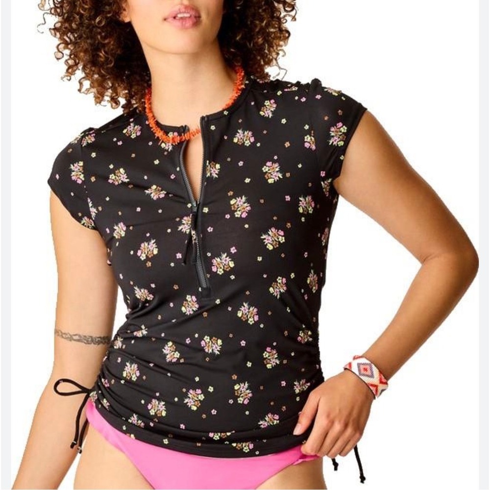 Carve Designs Dawson Black Floral Half Zip Rashguard Swim Top Size Large